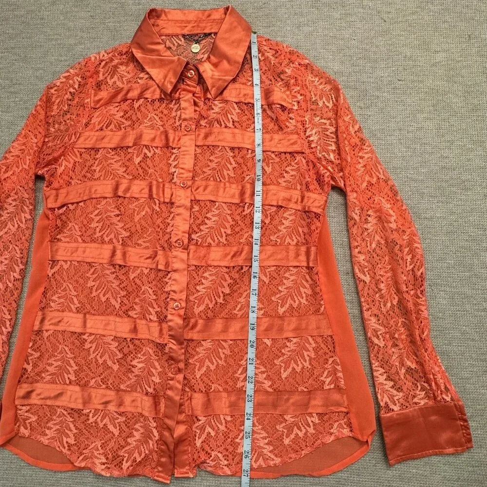 BKE Boutique Sheer Blouse Womens Sz Medium Stripe Lace Long Sleeve Coral Orange - Picture 12 of 15